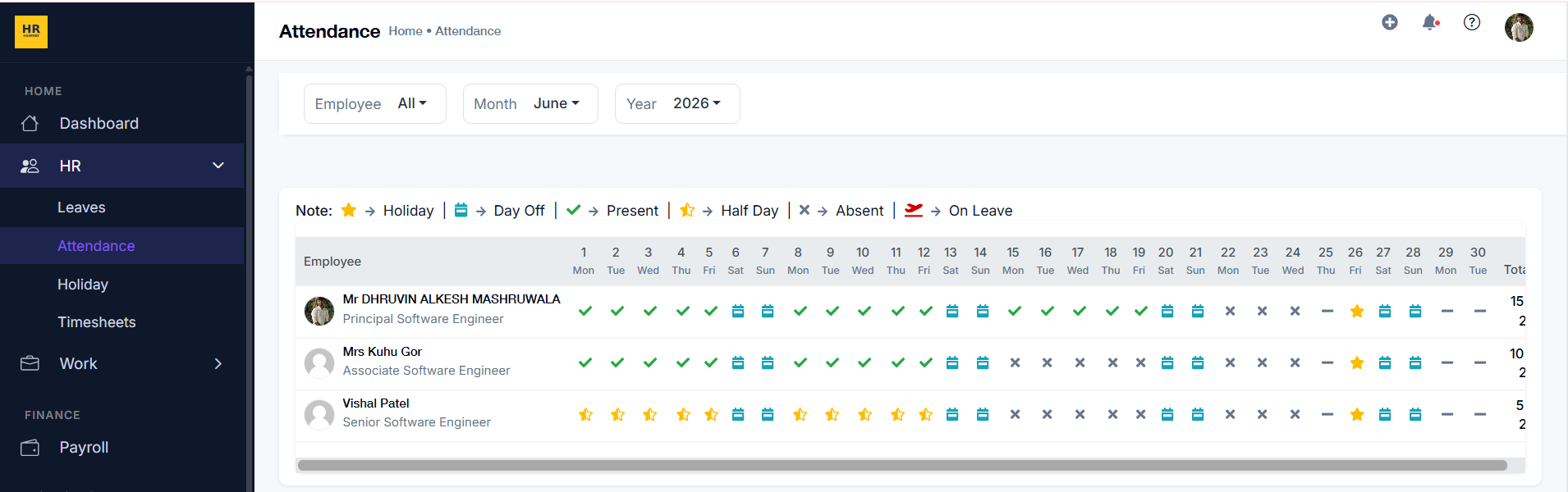 HRXpert Attendance — Monthly employee attendance calendar