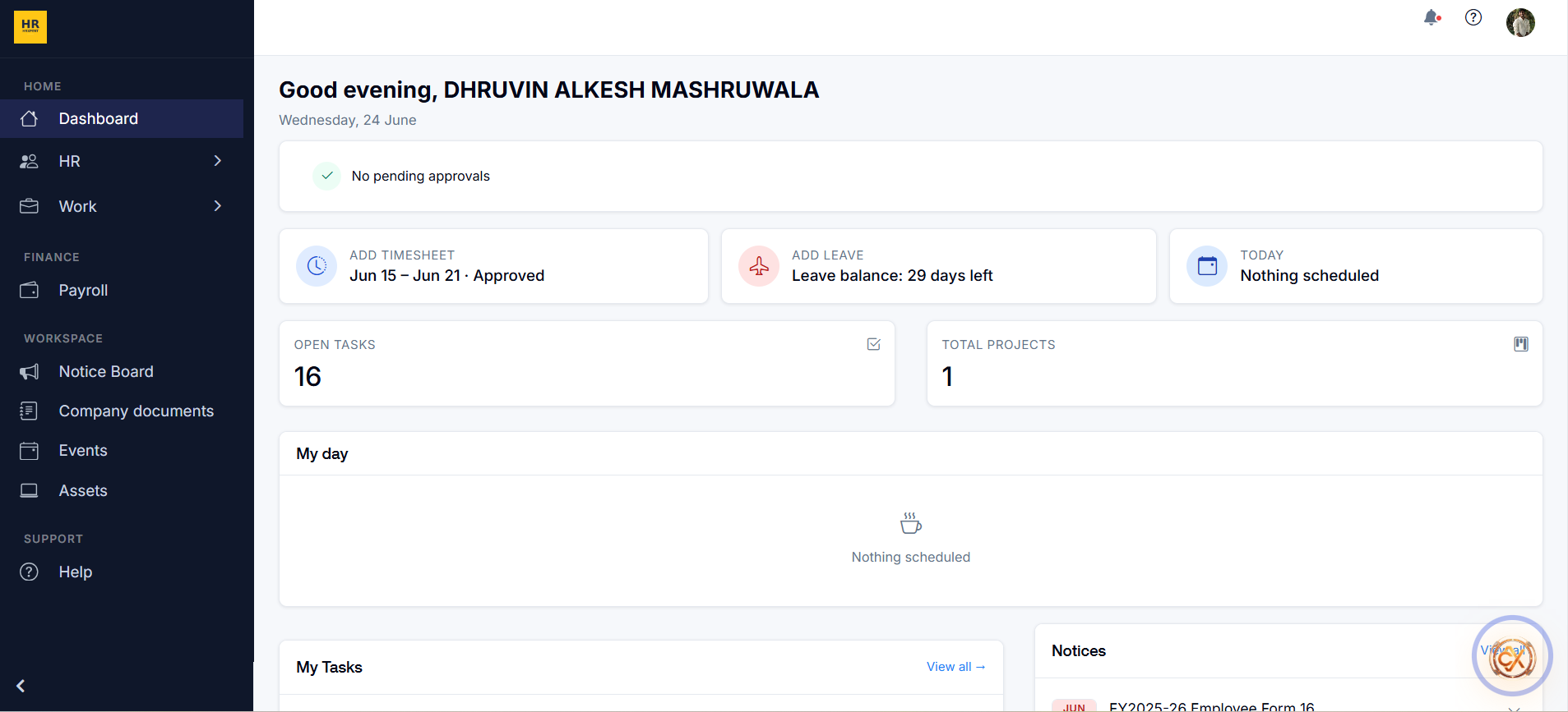 HRXpert Dashboard — Overview with tasks, leave balance, and notices