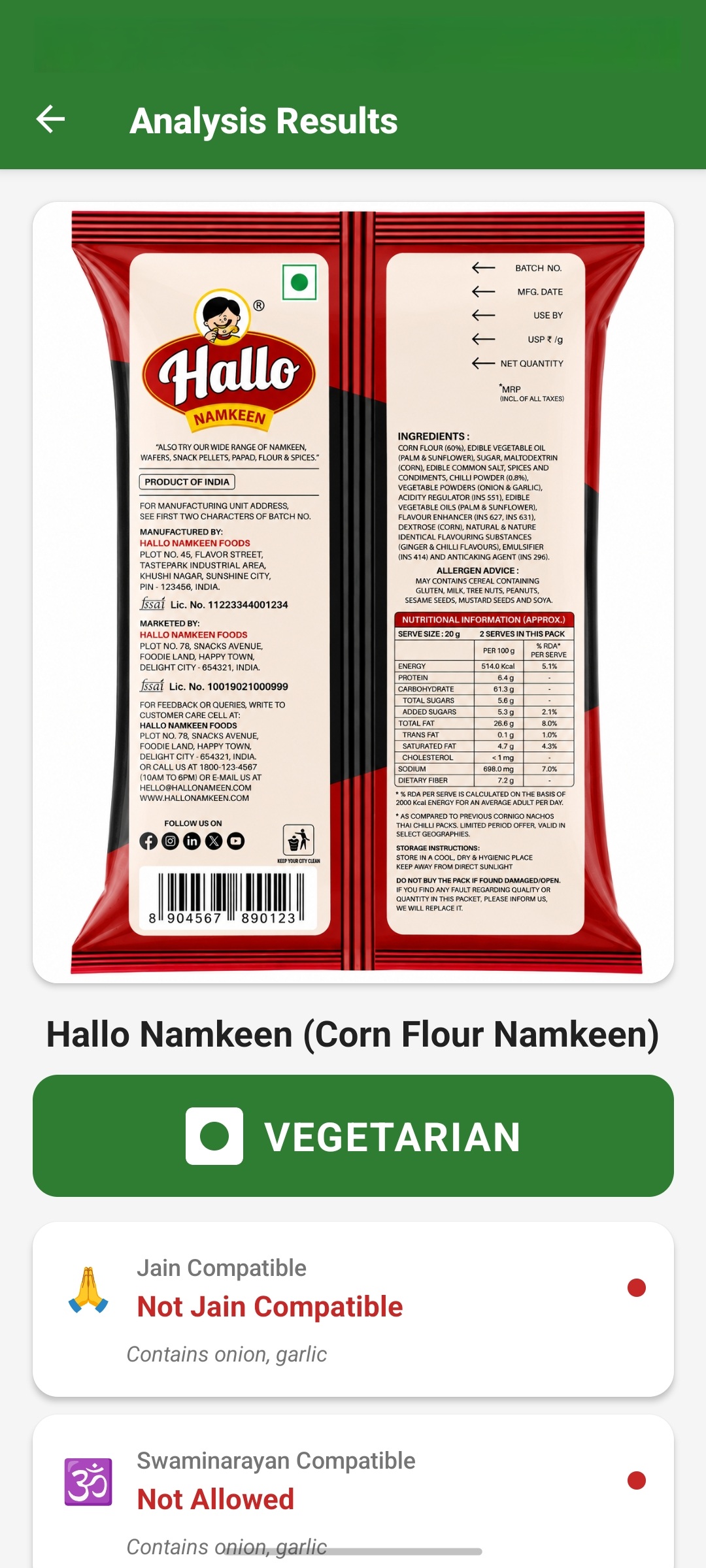 KYL food analysis result