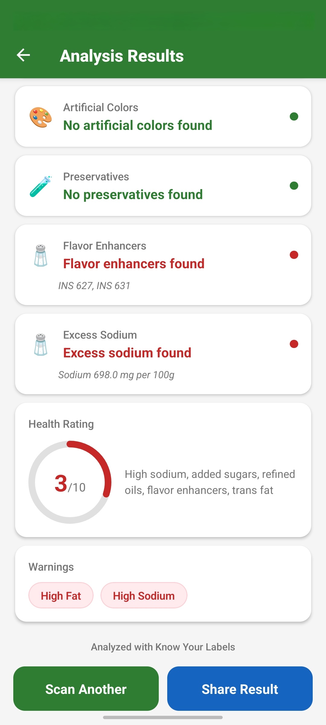 KYL detailed food result